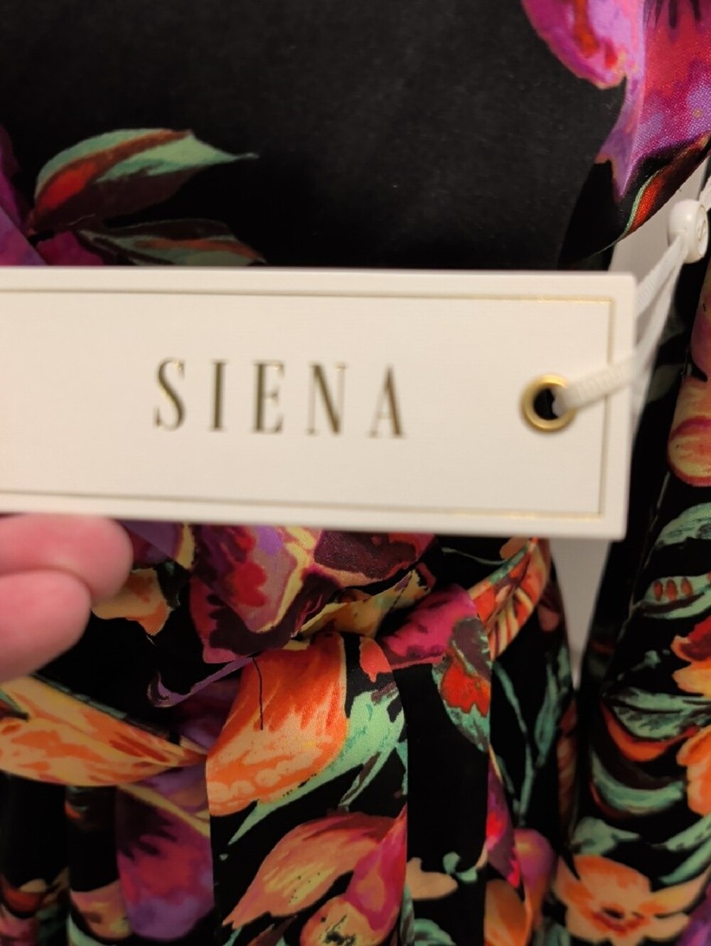 SIENA $128 NWT Size 4 Black Floral Wrap Dress with Orange & Purple Blooms - Picture 5 of 11